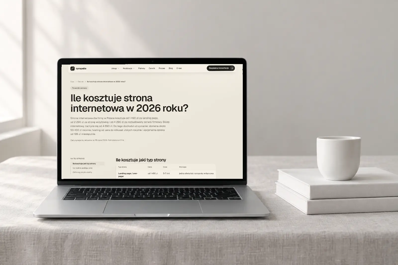 Artykuł z bloga synapsite „Ile kosztuje strona internetowa w 2026 roku?” na laptopie, obok kubek i książki.