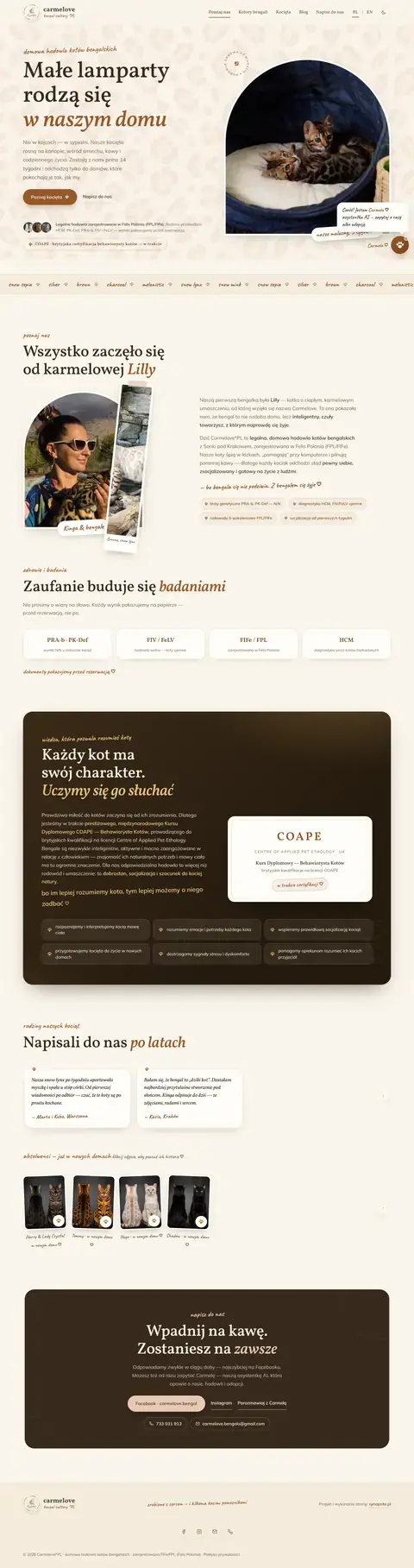Carmelove: Strona domowej hodowli kotów bengalskich: kocięta, kolory bengali, blog, wersja PL/EN i asystentka AI, która odpowiada o rasie i adopcji.