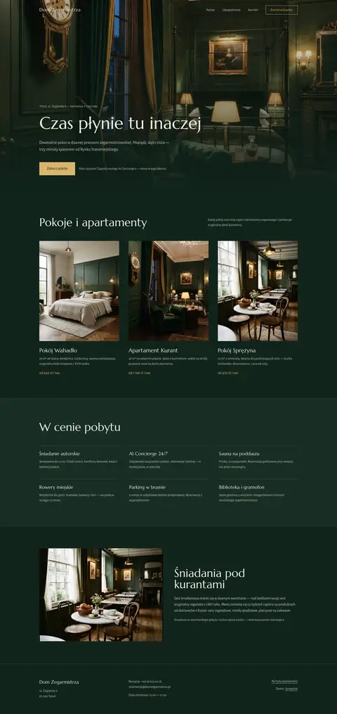 Dom Zegarmistrza: Strona hotelu z AI Concierge: chat odpowiada o pokoje, dostępność i atrakcje, 24/7.