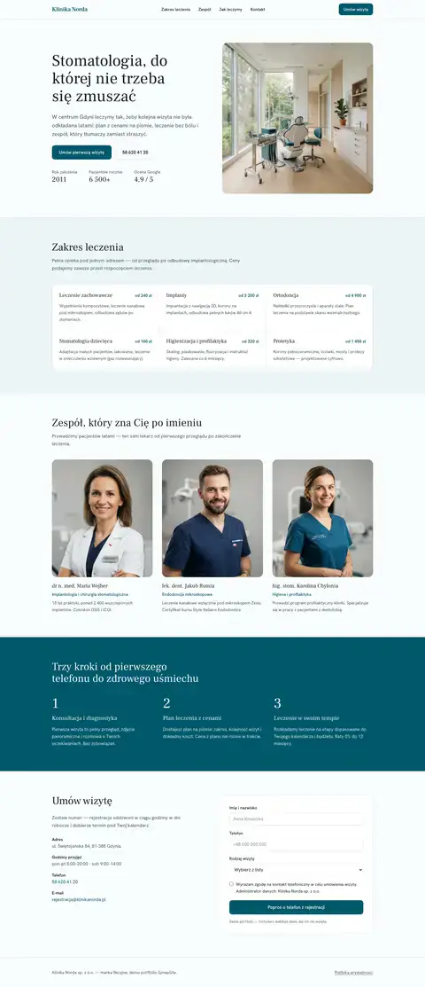 Klinika Norda: Rozbudowana strona biznesowa kliniki: zespół, zakres zabiegów, cennik i umawianie wizyt.