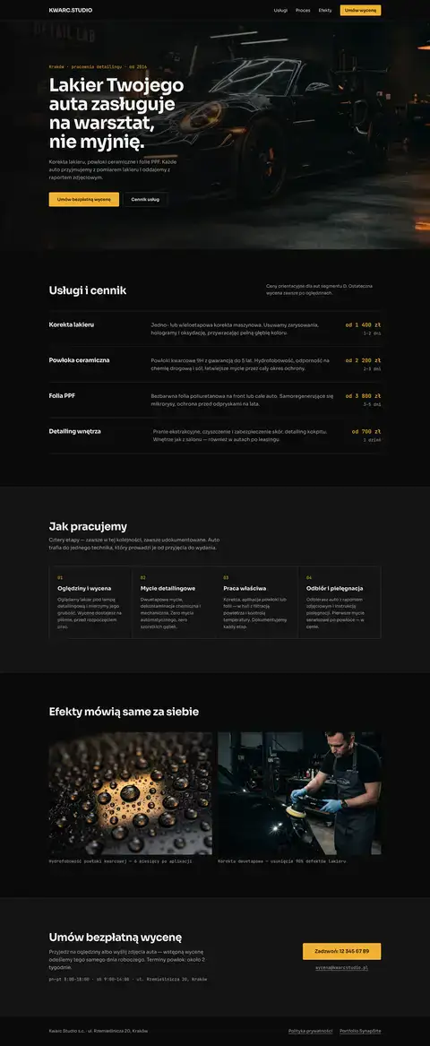 Kwarc Studio: Landing z pakietami usług i cennikiem: powłoki ceramiczne, korekta lakieru, folie PPF.