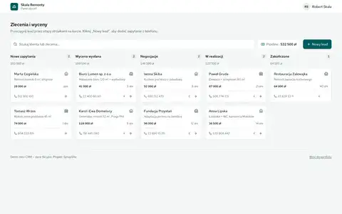 Skala Remonty: Mini-CRM branżowy: lejek zleceń, karty klientów, statusy wycen i historia kontaktu.