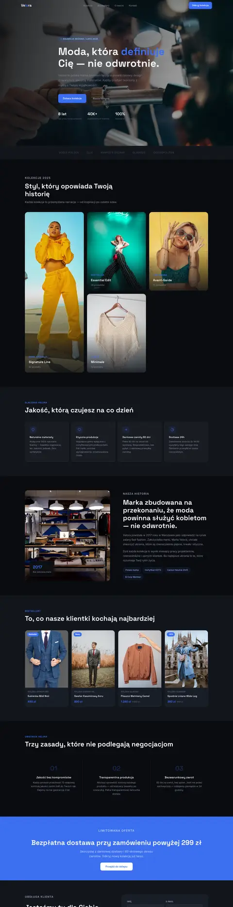Velora: Sklep modowy premium: kolekcje, karty produktów i butikowa estetyka marki fashion.