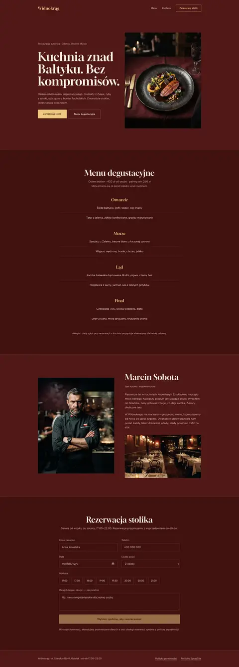 Widnokrąg: One-pager restauracji autorskiej: menu degustacyjne, rezerwacja stolika, historia miejsca.